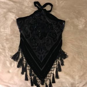 Halter top style, velvet, beaded, triangular top